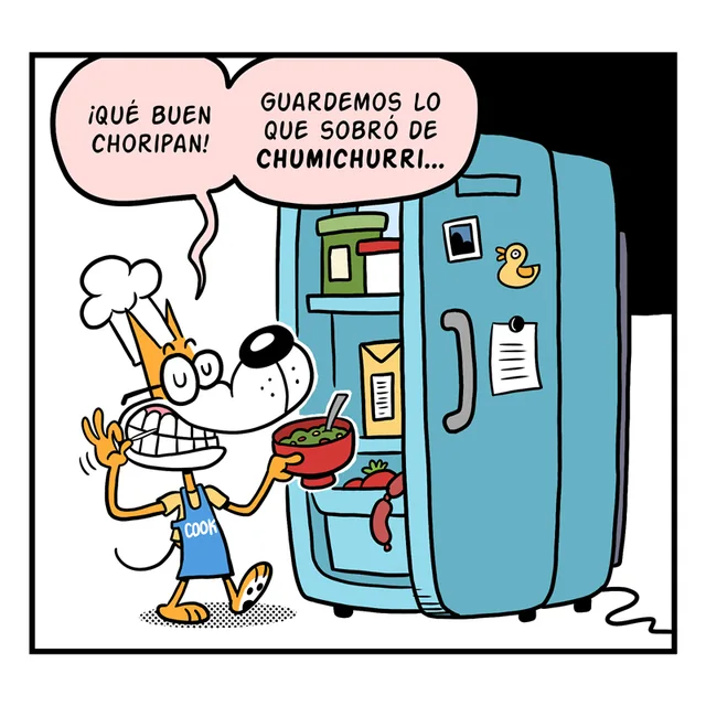 Viñeta 1 de 6. Un perro cocinero abre el refrigerador con un plato de chimichurri: «¡Qué buen choripán! Guardemos lo que sobró de chimichurri…».