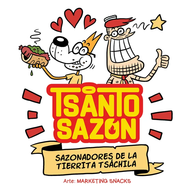 Viñeta 6 de 6. El perro y el ángel celebran con un choripán sobre el logo de Tsanto Sazón, «Sazonadores de la tierrita tsáchila». Arte: Marketing Snacks.